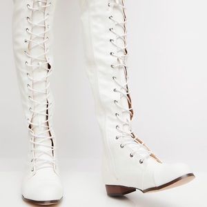 White thigh high lace up boots